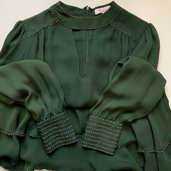 Parker NY Chrissy Beaded Silk Mini Dress In Alphine Forrest Green - Picture 9 of 13